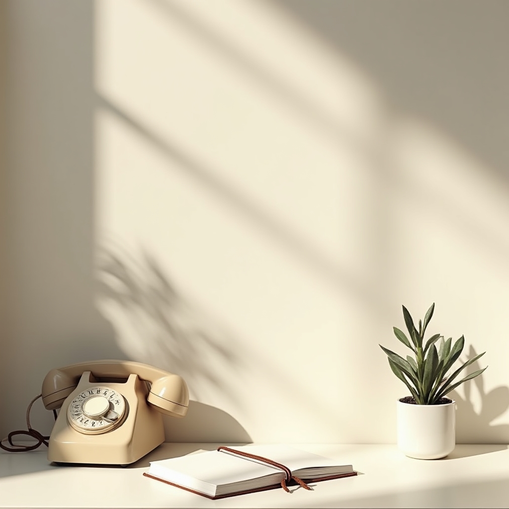 Birou minimalist cu linii curate, telefon și un caiet, folosit pentru corespondență