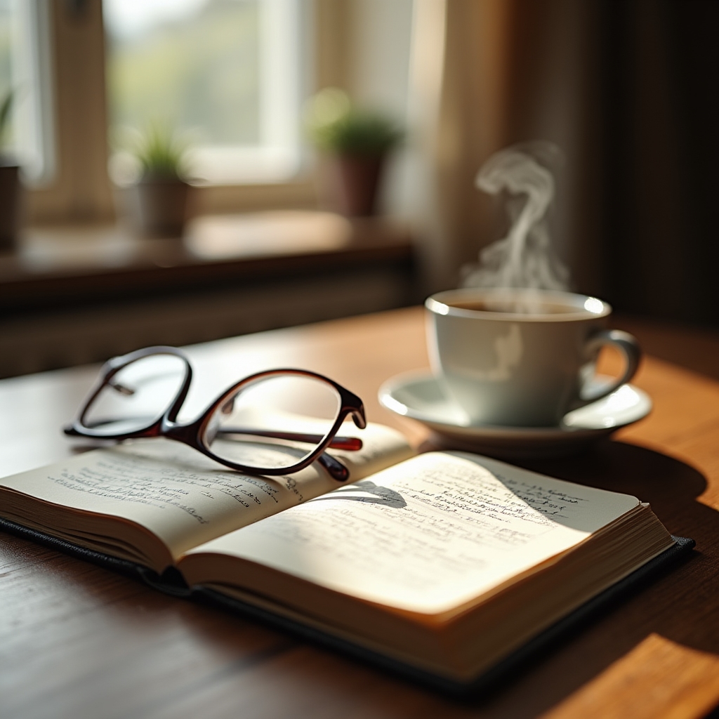 Jurnal deschis lângă o ceașcă de cafea, simbol al reflecției personale asupra banilor